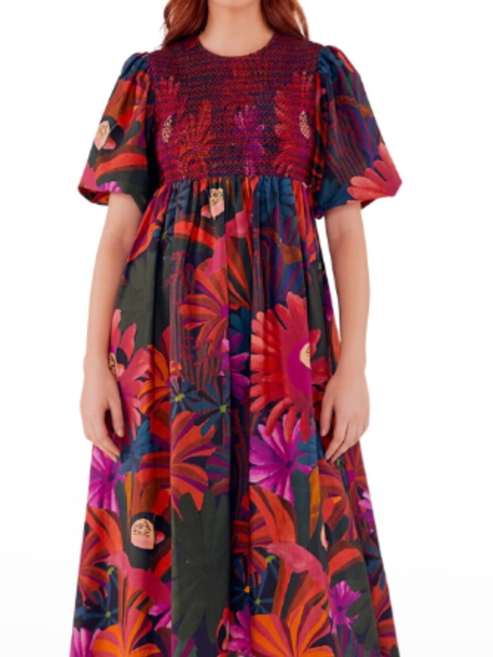Farm Rio Bird Flowers Smocked Midi Dress